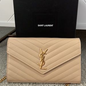 YSL MONOGRAM CHAIN WALLET IN GRAIN DE POUDRE EMBOSSED LEATHER